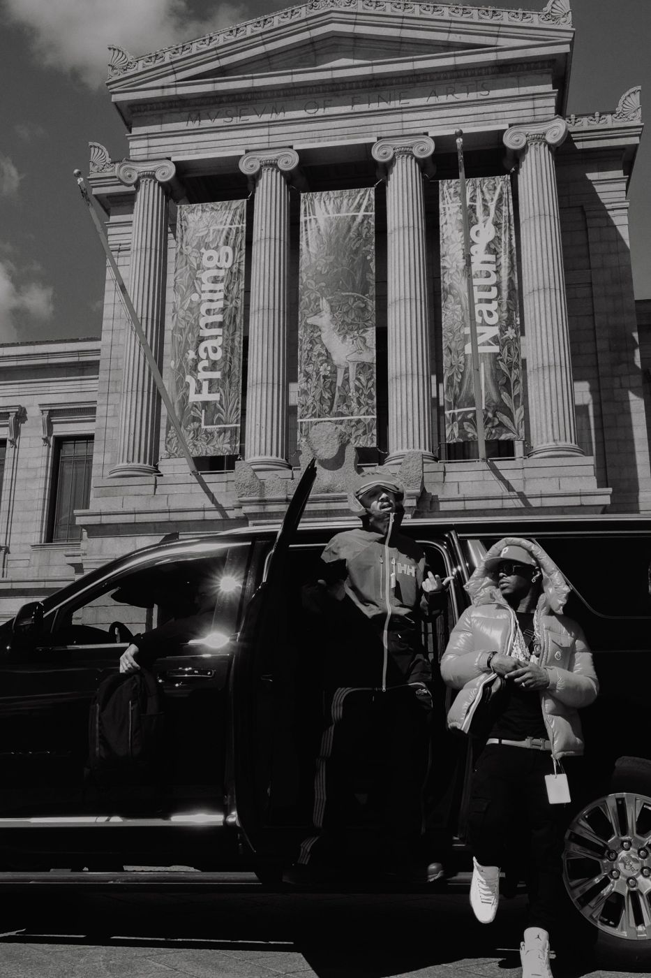 Black-and-white photo of The Flood outside the Museum of Fine Arts, Boston